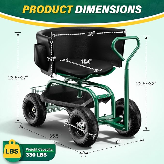 Garden Seat with Wheels Rolling Garden Stool with Adjustable 360°Swivel Seat Storage Basket &amp Extendable Handle Outdoor Gardening Scooter Garden Cart Workseat Stools for Seniors