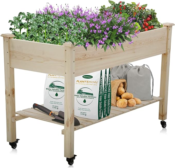 Dkelincs Raised Garden Bed Wood Elevated Outdoor Planter Box with Legs &amp Wheels Large 48x23x32 Inch Vegetable Flower Herb Garden Planter