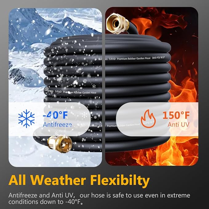 25FT 3/4 Heavy Duty Rubber Garden Hose - 300psi Working 1000psi Burst - Hot/Cold Water - Five-Layered Braiding for Durability - Versatile for Gardening Agriculture Construction(Black)