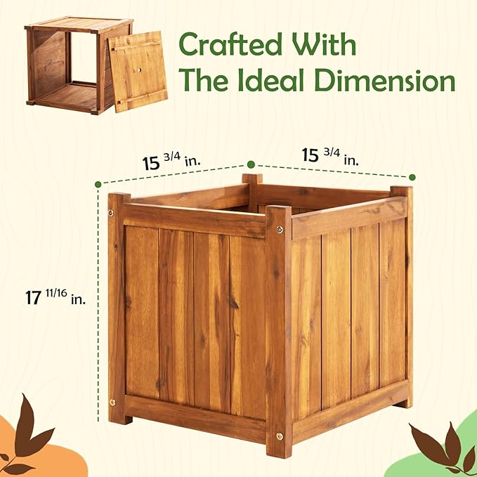 Idzo Hardwood Outdoor Flower Box Durable Acacia Wood Flower Boxes for Outdoor Plants with Ergonomic Handles Drainage Holes Multiple Sizes Wood Bucket Planter for Home Decor 1pcs