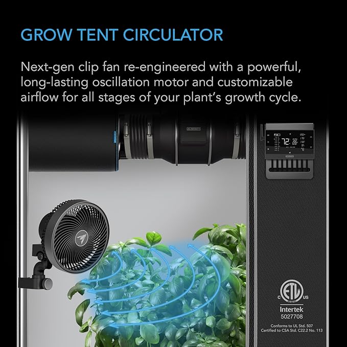 AC Infinity CLOUDRAY S9 Grow Tent Clip Fan 9” with Redesigned Long-Life EC Motor Custom 10 Dynamic Wind Speeds and 10-Level Oscillation Weatherproof IP-54 for Hydroponics Circulation Cooling