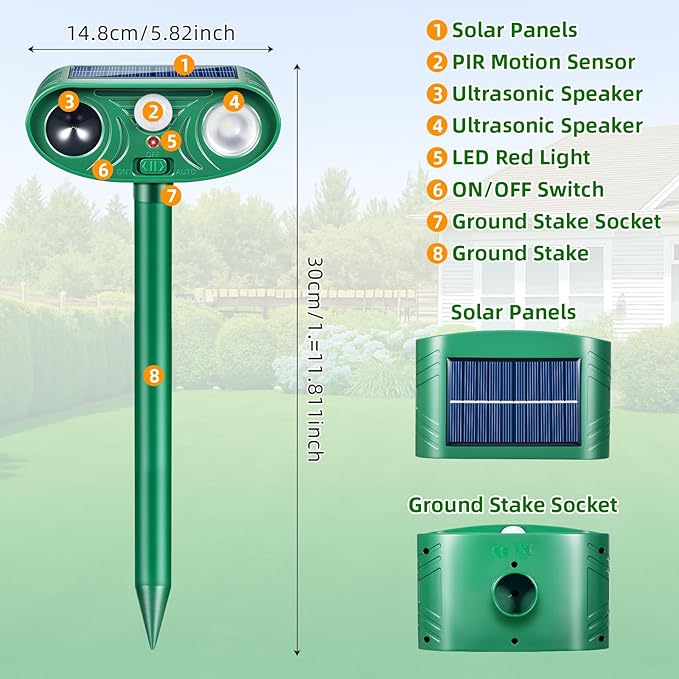 Solar Animal Repellent Outdoor&ampCat Repellent Outdoor Squirrel Deer Repellent Devices Coyote Raccoon Rabbit Deterrents with LED Waterproof Cat Deterrent for Garden Yard 2 Pack