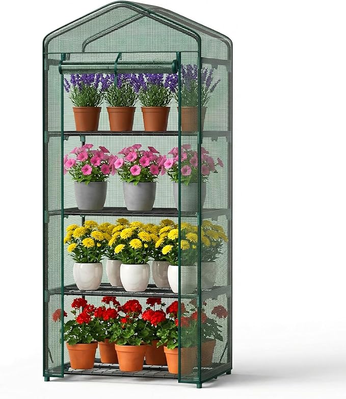 OLIXIS Greenhouse 27×19×63 4 Tier Portable Green House with Durable PE Cover Roll-up Zipper Door Small Greenhouses for Indoor Outdoor Balcony Porch Garden Patio Backyard Green Houses (Green)