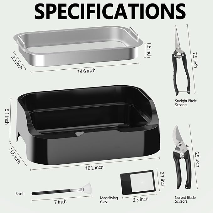 Trim Tray with Replaceable 150 Micron Screen – Includes 2 Precision Scissors Brush &amp Magnifying Glass – Multi-Functional Sifting Tray for Sorting Drying &amp Gardening