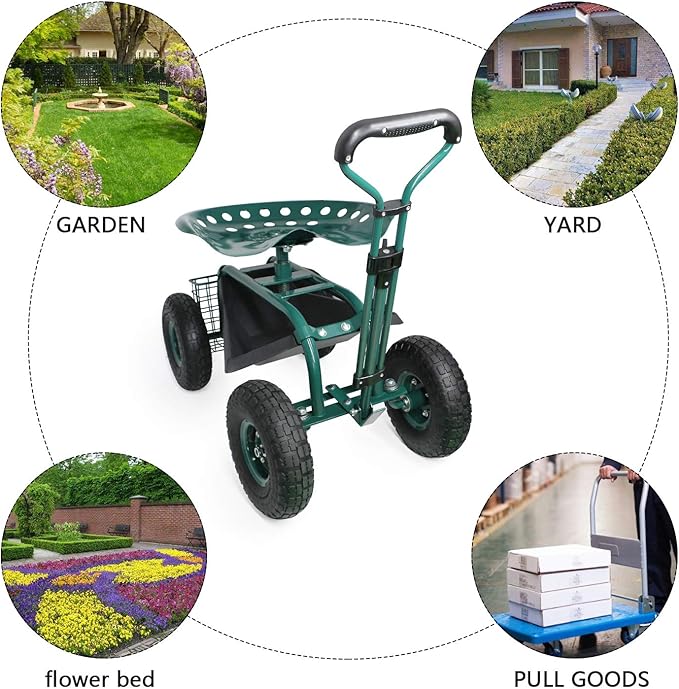 Garden Cart with Seat Rolling Garden Seat with Extendable Steer Handle Tool Tray and Storage Basket Garden Patio Wagon Scooter for Planting Indigo