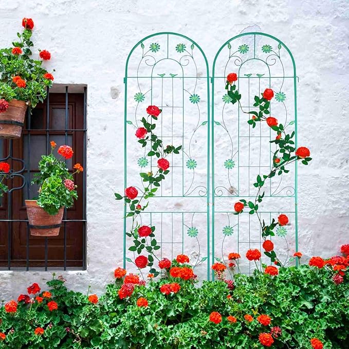 2-Pack Metal Garden Trellis for Climbing Plants Outdoor Flower Support Decorative Outdoor Trellis Green