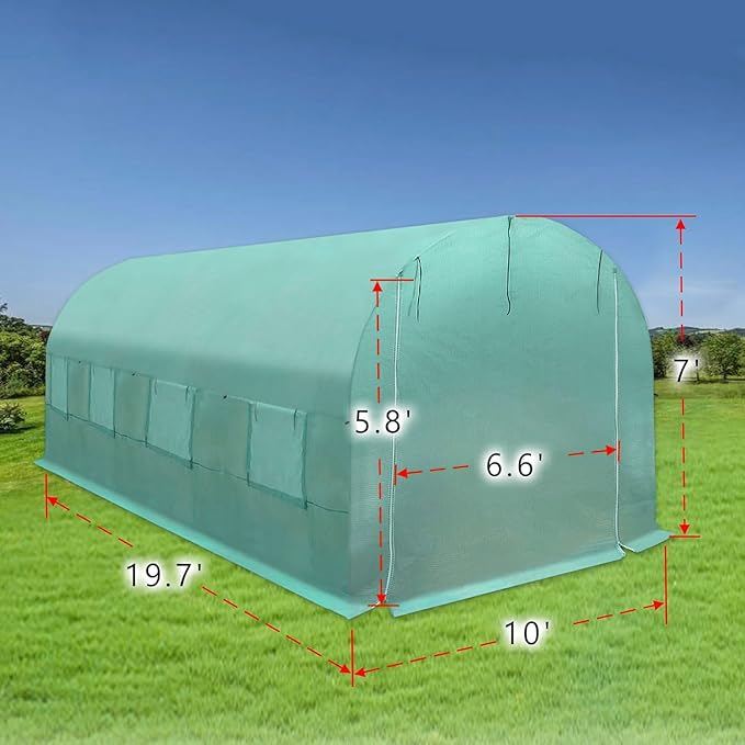 Replacement Cover for Portable Greenhouse Large Walk-in Green Hot Garden House Top Tarp 2 Zippered Doors 8 Roll-up Windows (Frame Does NOT Included) (20 x 10 x 7 ft)