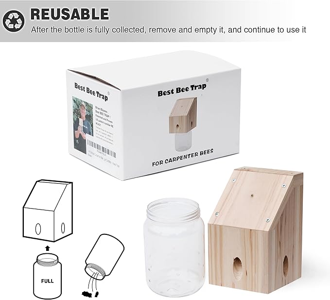 Carpenter Bee Trap for Outside - Shed Style Nature Hanging Wood Trap for Outdoor with Removable Bee Vault Plastic Jar (2 Pack)