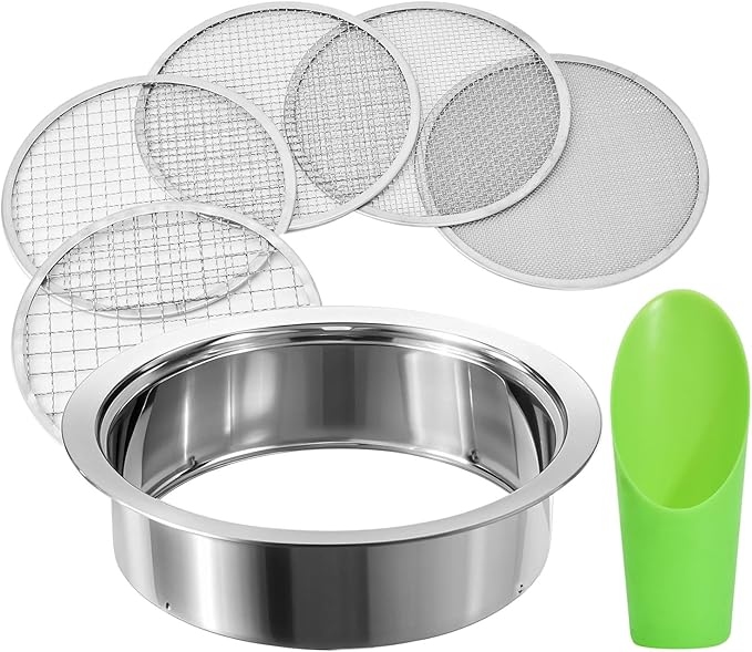 Soil Sieve Stainless Steel Riddle Sieve Set 9.5 Diameter Garden Sifter with 5 Filter Mesh Sizes 135912mm and Bonsai Soil Scoops Gardening Tool