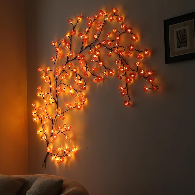 Cherry Blossom Lights with Remote 7.5 Ft 144 Flowers Enchanted Willow Vine Lights 18 Branches 144 LEDs Lighted Willow Vine Tree Lights for Walls Bedroom Home Room Decor Brown Branch