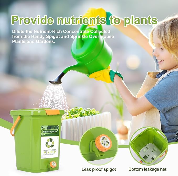 Compost Bin Outdoor 21 L Garden Composting Bin Bags Breathable Screen Window Reusable Garden Yard Waste Bags Speed Up Composting &amp Reduce Odors Indoor Small Kitchen Compost Bin with Lid Green