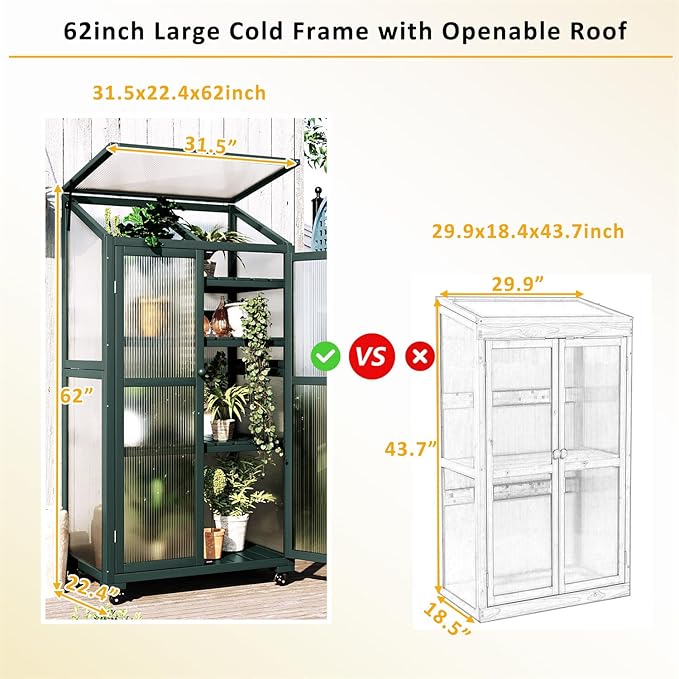 Polibi Wooden Greenhouse Cold Frame Portable Greenhouse with Wheels and Adjustable Shelves for Indoor Outdoor Patio Balcony Garden 31.5 Lx22.4 Wx62 H Forest Green