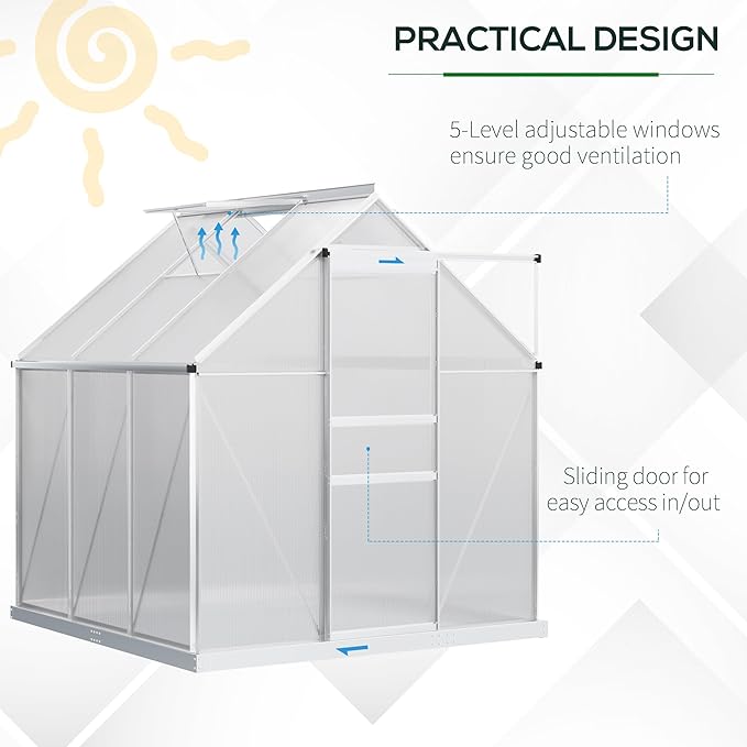 Outsunny 6' x 6' x 6.5' Polycarbonate Greenhouse with Adjustable Roof Vent Walk-in Heavy Duty Green House Kit with Aluminum Frame Sliding Door and Rain Gutter for Winter Silver