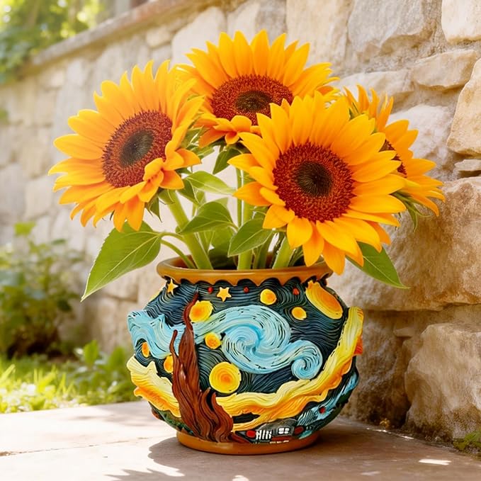 Starry Night Floral Planter Unique and Interesting Abstract Art Flower pots Vibrant Colors Perfect for Home/Garden Artistic Decoration (Starry Sky)