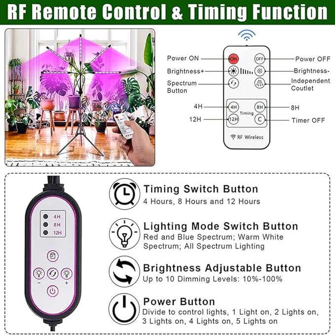 Grow Light for Indoor Plants Full Spectrum Grow Light Indoor Plant Lights 5 Head 165 LED Floor Plant Light with Stand 10 Level Grow lamp Light for Plants (5-Heads Grow Lights)