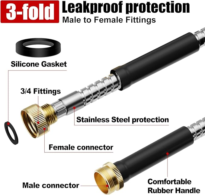 Garden Hose 50 ft Stainless Steel Metal Water Hose with Nozzle Flexible and Durable Rust Proof No-Kink Heavy Duty Leakproof 3/4'' Brass Fittings Lightweight Hose for Patio Lawn
