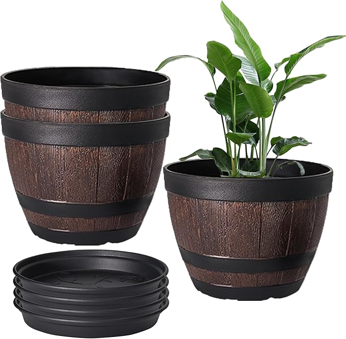VECELO Plant Pots with Drainage Holes &amp Saucer 9 Inch Flower Pots with Tray 3 Pack Plastic Whiskey Barrel Planters for Indoor &amp Outdoor Garden Home Plants and Flowers