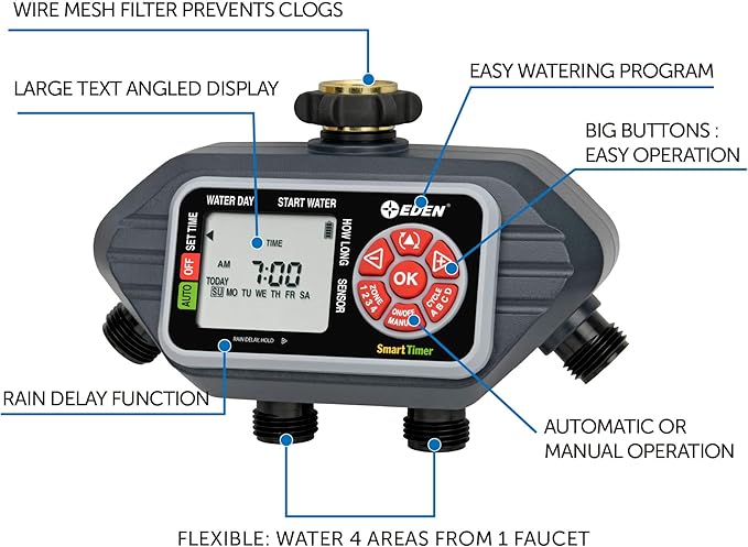Eden 93413 Programmable Digital Water Timer 4-Zone Compatible with Wireless Soil Moisture Sensor