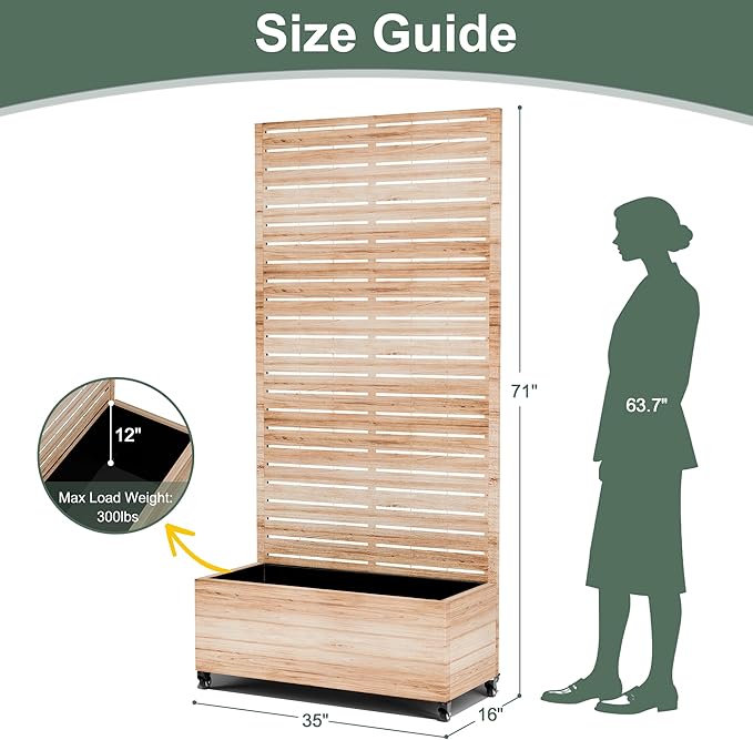 Metal Planter Box with Trellis for Patio Large Raised Garden Beds with Trellis Privacy Planter Box with Wheels Drainage Holes for Climbing Plants (35 L Square White Wood Grain)