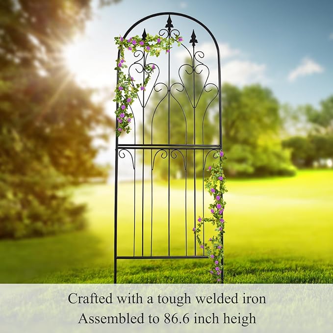 SCENDOR Metal Trellis 86.6 H x 29.5 W Tall Powder-Coated Black Garden Trellis Wrought Iron Heavy Scroll Metal Decoration Lawn Patio for Rose Clematis Ivy Weather Resistant Garden Addition