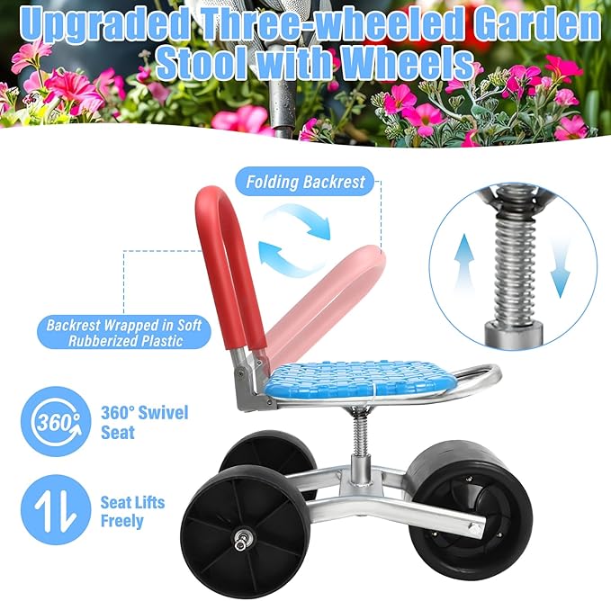 Rolling Garden Cart with Seat Yard Stool for Planting Rolling Scooter with 3 Wheels Adjustable Seat Height 360° Degree Swivel Yard Chair