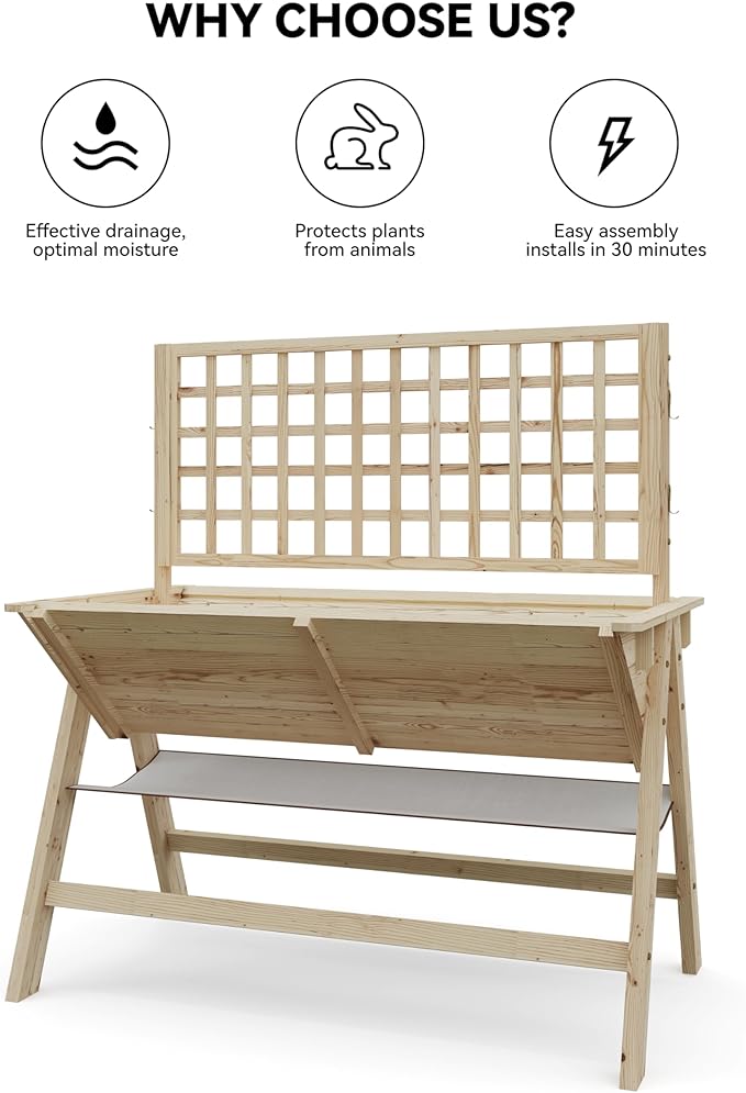 GarveeHome 52x30x54 in Raised Garden Bed with Legs Elevated Wooden Raised Planter Box with Vine Climbing Trellis Outdoor Standing Growing Bed for Growing Vegetables Flowers Herbs
