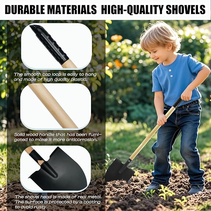 Kids Rake and Shovel Set 2Pcs Garden Tools Metal Head with Wooden Handle Great Gardening Gifts for Boys Girls Age 3 and Up