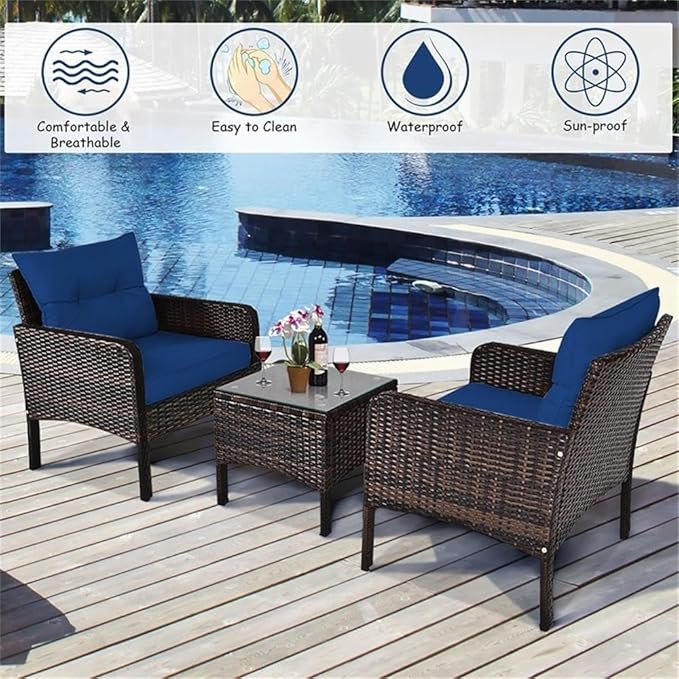 Pemberly Row 3-Piece 26'' Rattan Conversation Set Outdoor Seating Ensemble Built for Casual Comfort and Interaction Navy