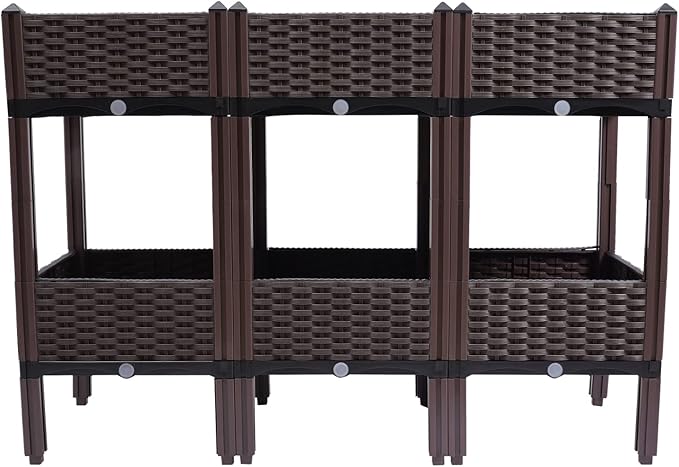 Raised Garden Bed with Legs Garden Boxes Plant Pots Self-Watering Plastic Planter for Indoor Outdoor Vegetables Fruits Potato Flowers (Brown 3+3 Boxes)