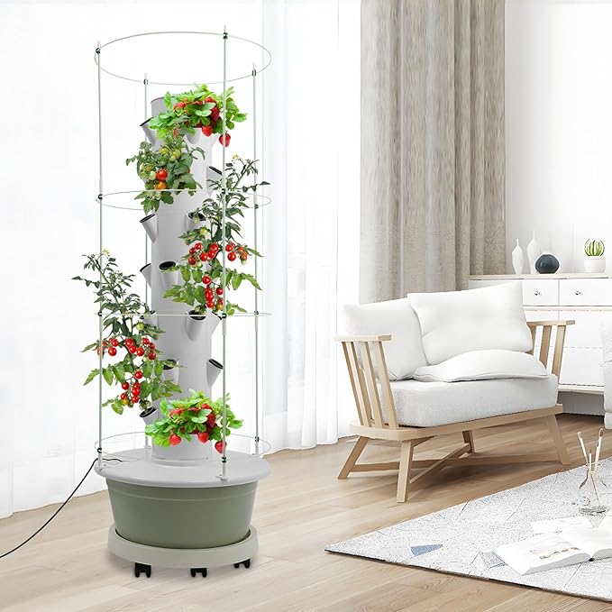 Hydroponic Growing System 28-Plant Vegetable Planter Tower Climbing Trellis Outdoor Indoor Garden Vertical Planter Germination Kit with Water Pump Intelligent Water Circulation &amp Timer Function