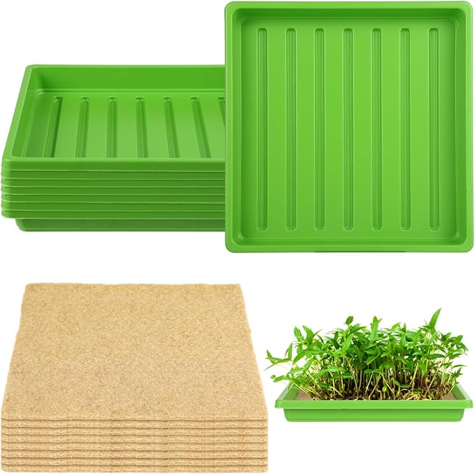 16-Piece Indoor Hydroponic Microgreens Kit 8 Reusable Trays and 8 10X10 High Absorbency Jute Grow Mats