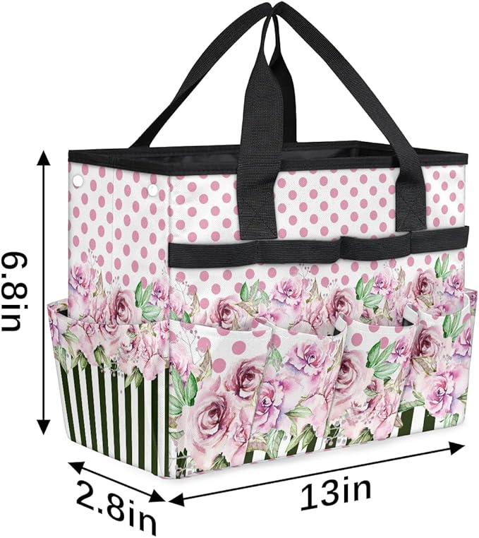 Garden Tool BagFloral Rose Flower Polka Dot Stripe Gardening Organizer Bag With Pockets Garden Tool Kit Storage Tote for Women Men Garden Tool Set Holder