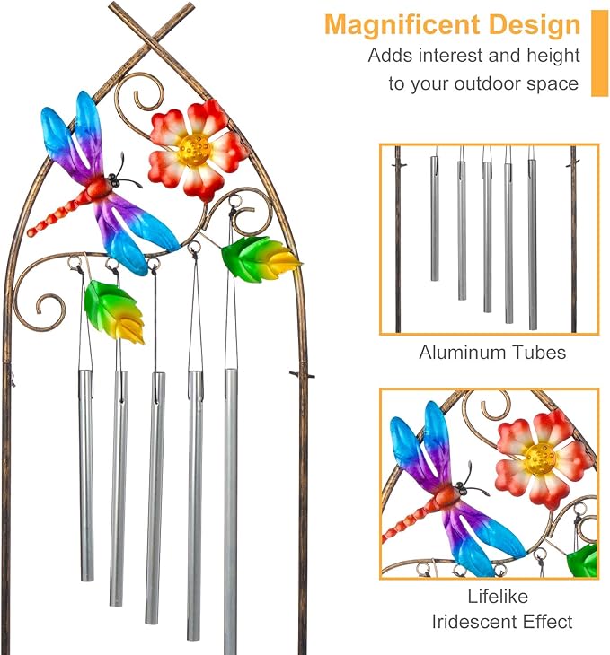 Garden Trellis with Plant Stands 48” Metal Detachable Dragonfly Plant Pot Trellis with Wind Chimes for Climbing Plants Outdoor Lawn Patio Porches Decor