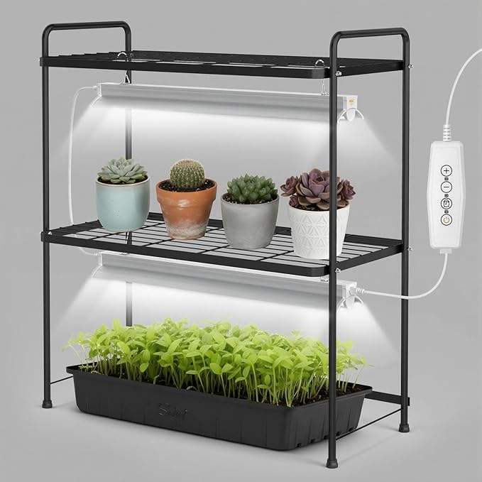 SOLIGT Tabletop 2-Tier Plant Stand Shelf with Grow Lights 36W Full Spectrum 5000K Timer &amp Dimmable Lights Indoor Herb Garden Seed Starting Plant Rack Organizer for Desk &amp Kitchen Counter