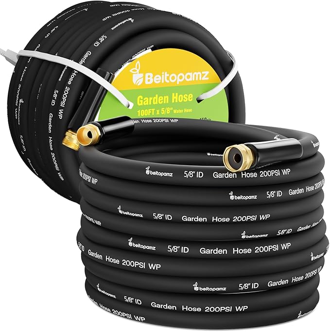 100 ft Garden Hose 5/8 in Heavy Duty Water Hose Flexible and Durable Lightweight Rubber Hybrid Hose Leak-Free Connections Male to Female 3/4'' Brass Fittings for Patio Lawn Black