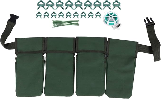 Gardening Tools Set with Green Waist Bag Plant Support Clips and Adjustable Cable Ties Kit