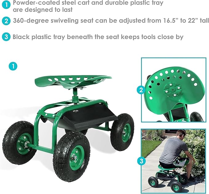 4-Wheel Garden Cart with 360° Swivel Seat - Heavy Duty Rolling Work Seat with Tool Tray &amp Storage Basket 10 Rubber Tires &amp 330lb Capacity for Outdoor Gardening