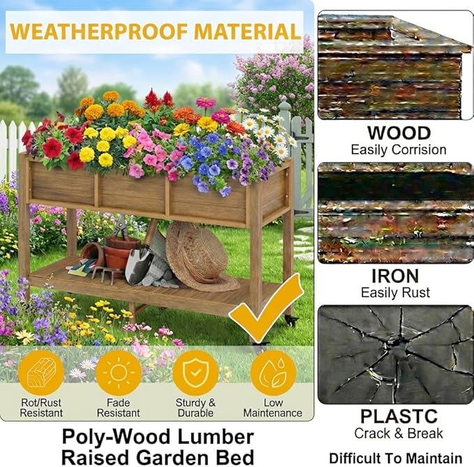 DWVO 47x18x31in Raised Garden Bed Outdoor HDPE with Legs and Lockable Wheels Weather-Resistant Poly-Wood Elevated Planter Box Double Tier Planters for Backyard Patio Balcony Brown