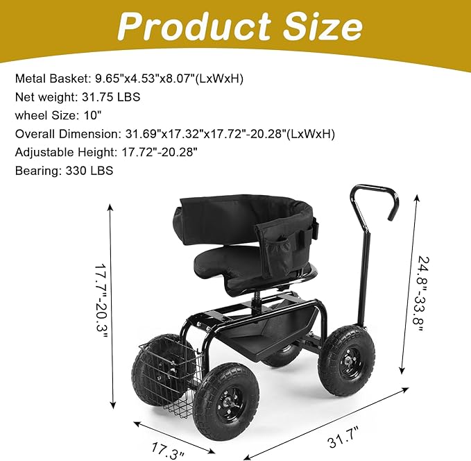 Rolling Garden Cart with Cushioned Backrest Seat Outdoor Gardening Stool for Planting Garden Scooter with 360 Degree Swivel Steering Handle Tool Tray Black