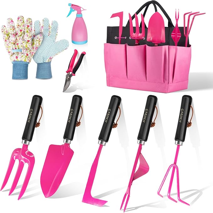 Gardening Tools 9-Piece Heavy Duty Gardening Hand Tools Set (Pink)Stainless Steels and Reinforced Garden Supplies Kit Durable Garden Tools Organizer HandbagIdeal Garden Gifts for Women