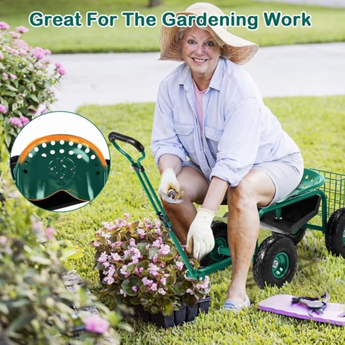 Rolling Garden Cart with Ergonomic Seat Outdoor Gardening Stool for Planting Garden Scooter with 360 Degree Swivel Seat &amp Steering Handle &amp Tool Tray (Handle Green)