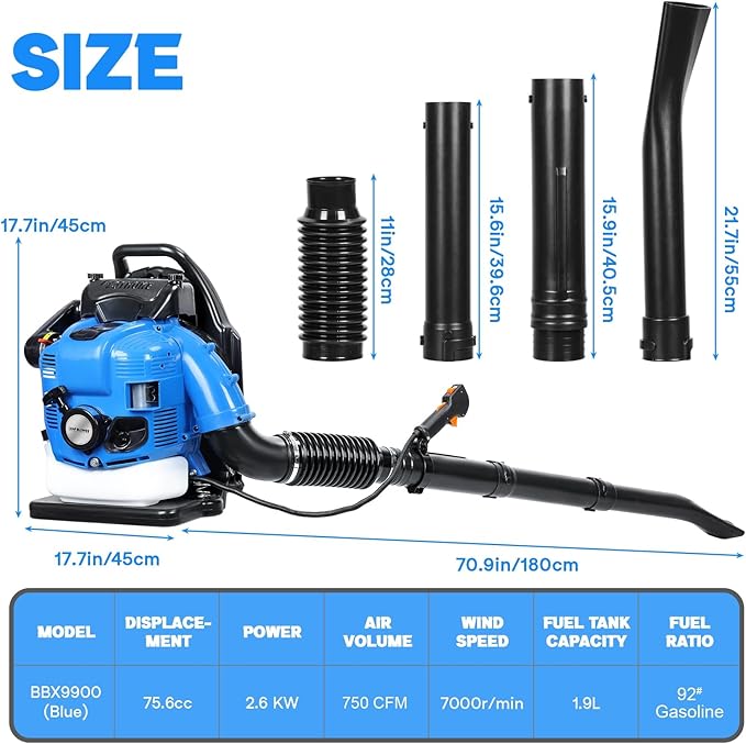 75.6CC 4-Stroke Backpack Leaf Blower Gas Powered &amp Snow Blower 750CFM 205MPH Gas Blowers with Ergonomic Design for Lawn Care Debris Clearing &amp Snow Removal (Blue) Blue