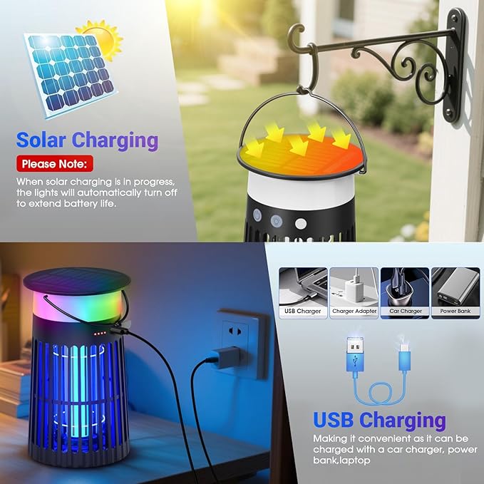 2 Pack Solar Bug Zapper Outdoor Portable Electric Mosquito Killer Waterproof Rechargeable Insect Trap with LED Night Light and Flame Effect Ideal for Outside Patio Backyard and Camping