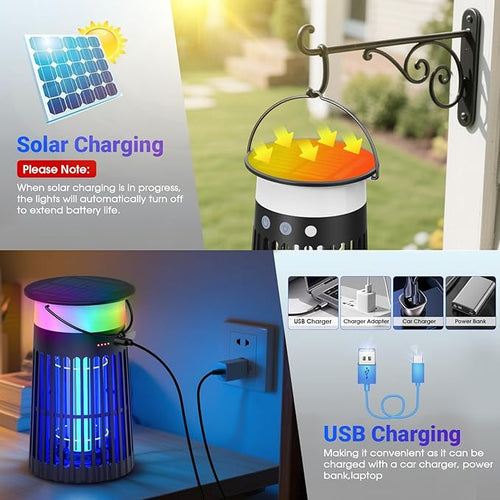 2 Pack Solar Bug Zapper Outdoor Portable Electric Mosquito Killer Waterproof Rechargeable Insect Trap with LED Night Light and Flame Effect Ideal for Outside Patio Backyard and Camping