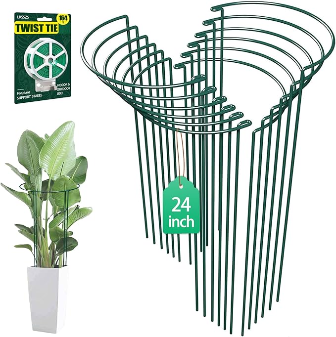 12 Pack 24 inch Plant Support Stakes Half-Round Metal Garden Flower Stakes Large Peony Support Ring and Cage for Indoor and Outdoor Plants Hydrangea Tomato Rose Monstera with Plant Ties