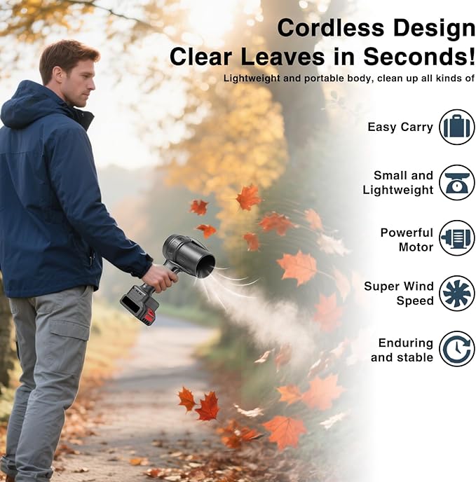 Electric Leaf Blower Cordless: 33000RPM Portable Leaf Blower Cordless with Battery and Charger - Hand Held Blowers for Lawn Care Patio (2 * 21v Batteries and 1 Charger Included) (Black)