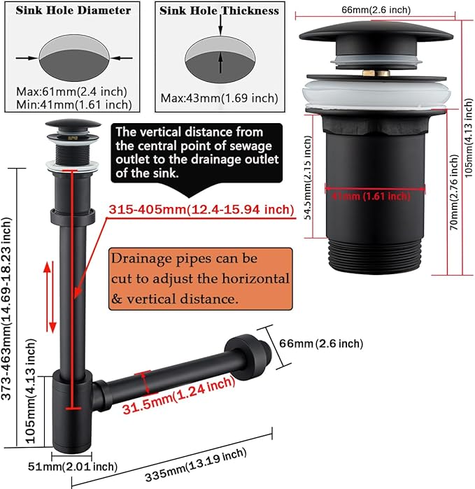 RANDOM Black Brass Bottle P Trap with Pop Up Drain Stopper with Overflow11.81″ Slip Joint Extension Tube Adjustable Bathroom Basin Sink Waste Drain Trap Kit 1 1/4