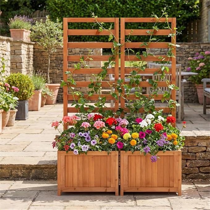 2-in-1 Wooden Raised Garden Bed with Trellis 48 Vertical Planter Box for Climbing Plants Vegetables &amp Flowers Outdoor Wood Privacy Screen for Patio Balcony &amp Backyard Natural Fir Wood