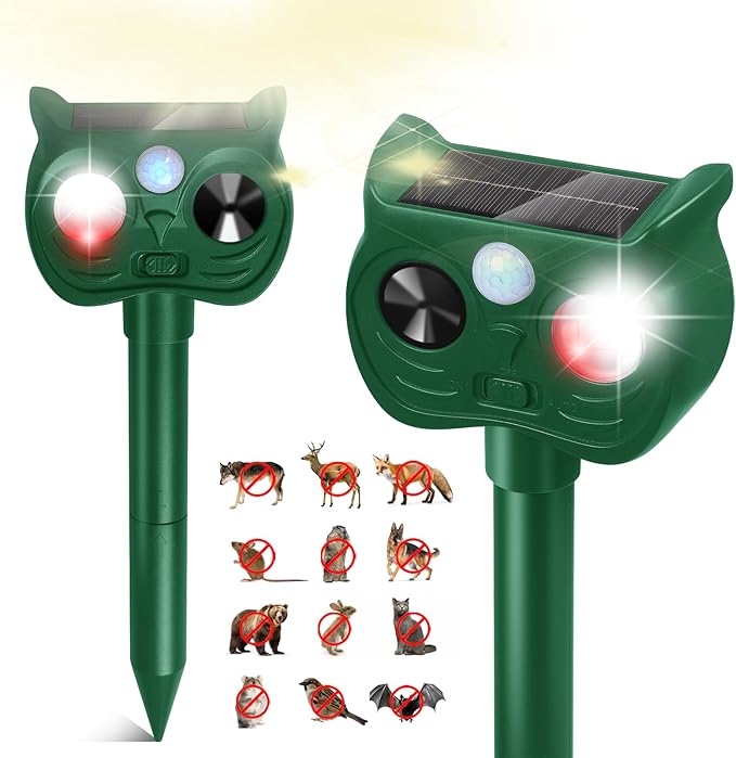 Solar Ultrasonic Animal Repellent Outdoor Motion Sensor Deer Repellent Devices Squirrel Cat Raccoon Rabbit Deterrent with Strobe Light Dual Mode Keep Skunk Away Protection for Yard Garden Lawn 2PCS