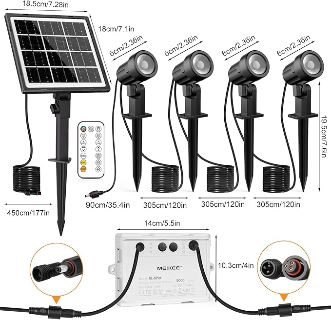 MEIKEE Solar Spot Lights Outdoor 4-in-1 Solar Landscape Lights 4W/6V IP66 Waterproof 2700K/4000K/6500K Outdoor Landscape Spotlights with Remote for Garden Yard Driveway